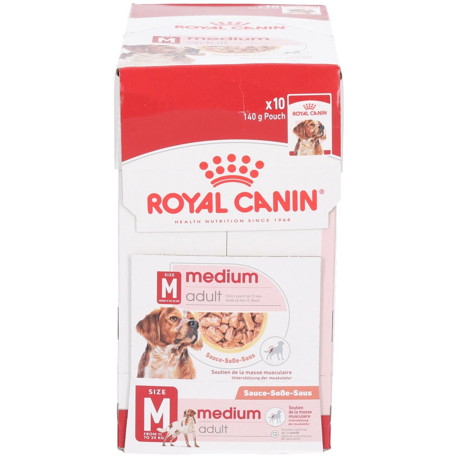 Boîte Royal Canin Medium Adult pour chien, 10 sachets de 140g. Face avant avec image de chien et informations produit.