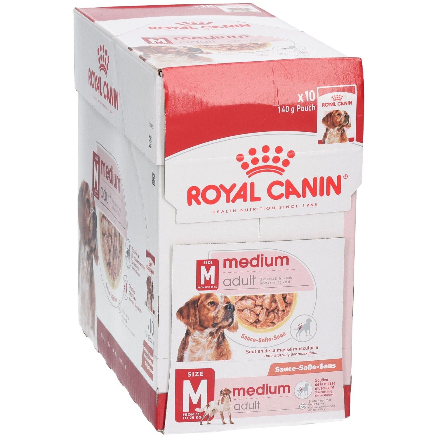 Boîte Royal Canin Medium Adult pour chien, 10 sachets de 140g. Vue en perspective mettant en évidence l'emballage avant et latéral.