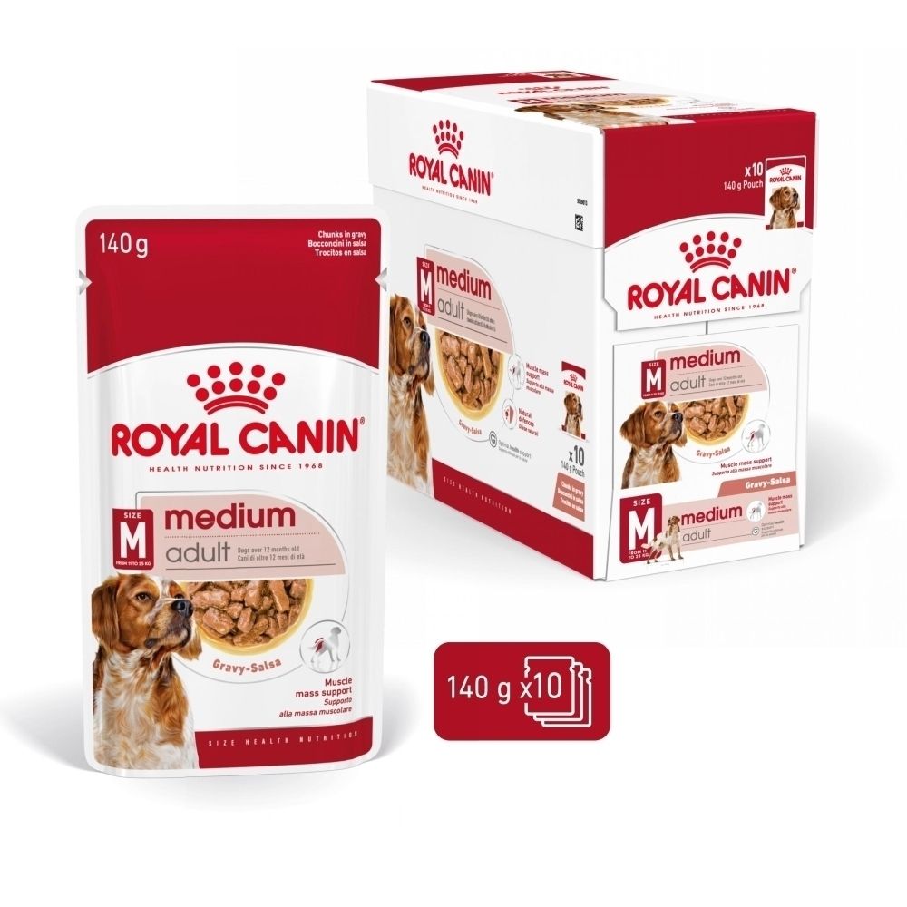 Nourriture pour chien Royal Canin Medium Adult en sachet de 140g et boîte de 10. Emballage rouge et blanc avec image de chien.