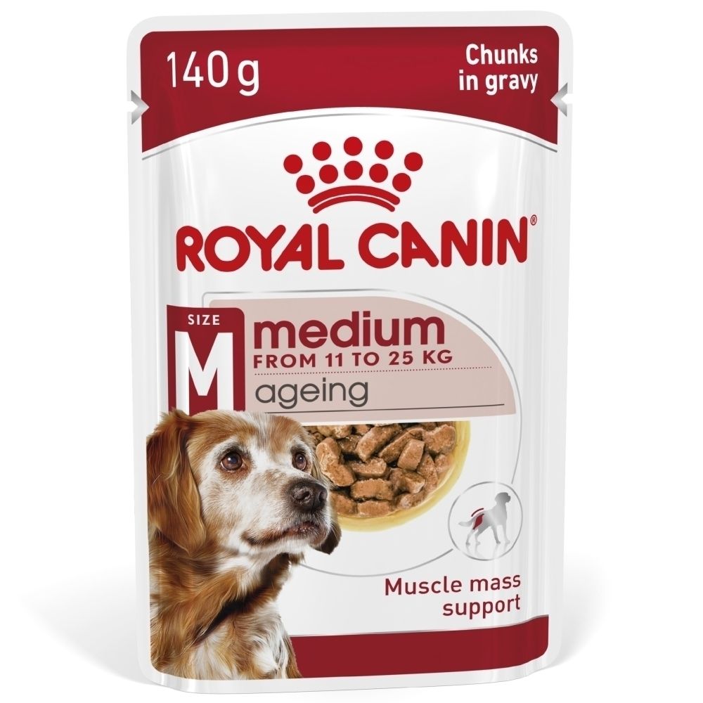 Avant de la boîte Royal Canin Medium Ageing. Montre un chien et une gamelle de nourriture.