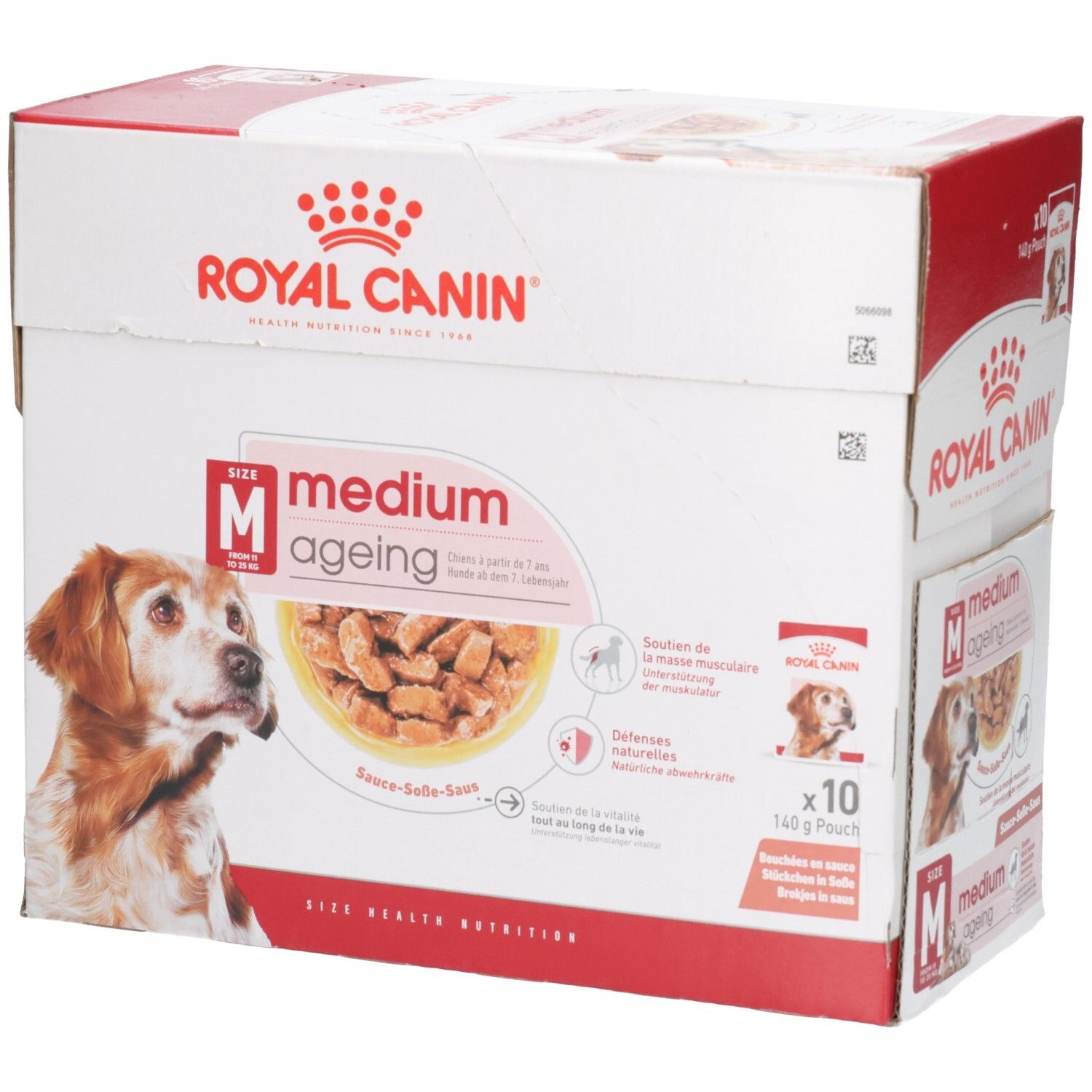 Boîte de nourriture Royal Canin Medium Ageing pour chien, 10 sachets de 140g. Image d'un chien âgé.