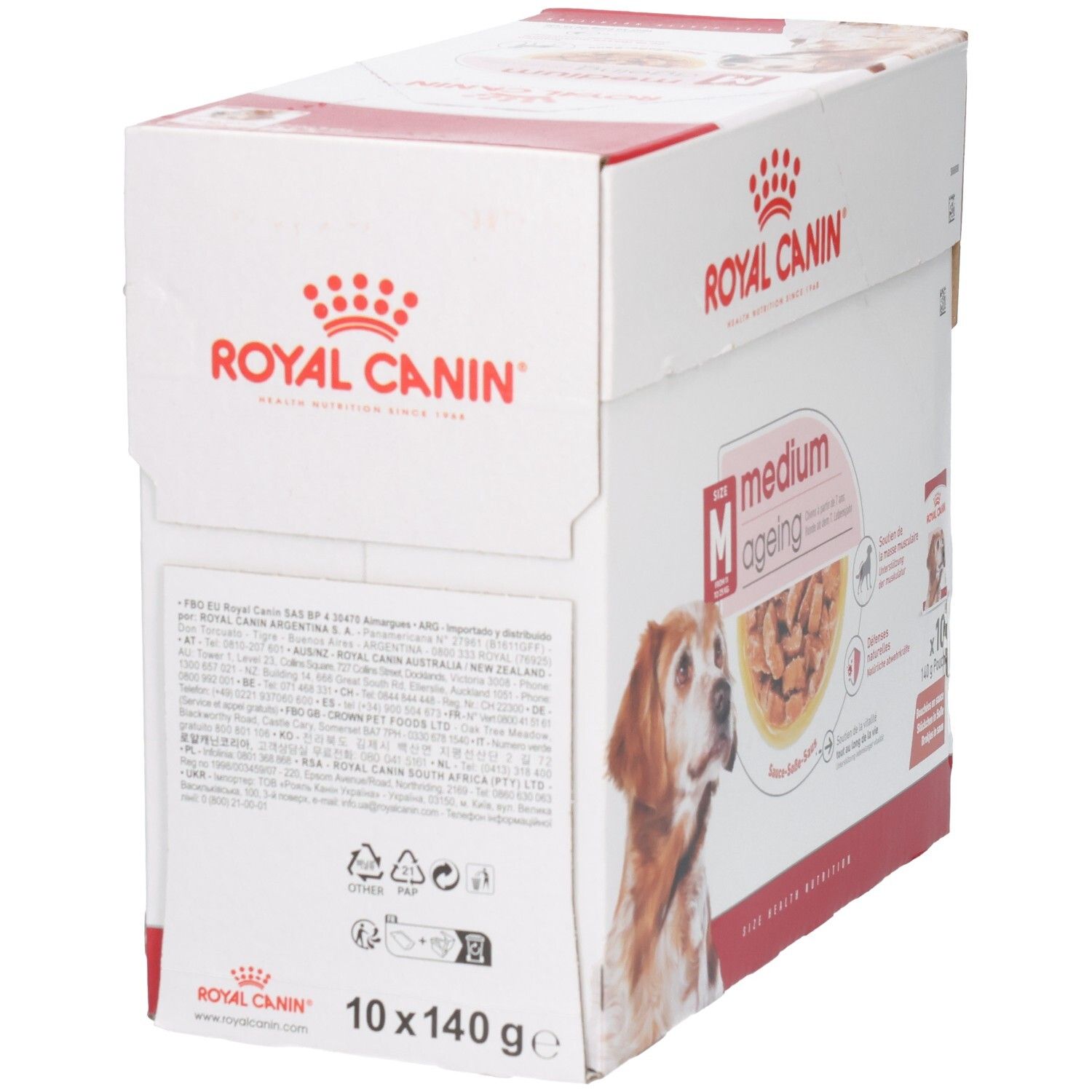 Arrière de la boîte Royal Canin Medium Ageing pour chien avec instructions de nourrissage et symboles de recyclage.