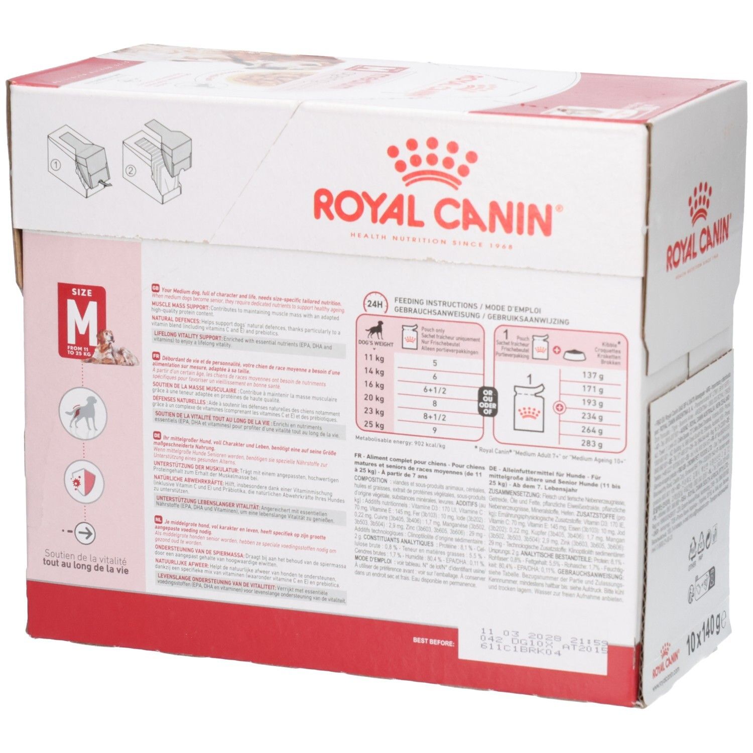 Vue latérale de la boîte Royal Canin Medium Ageing pour chien avec tableau d'alimentation et informations produit.
