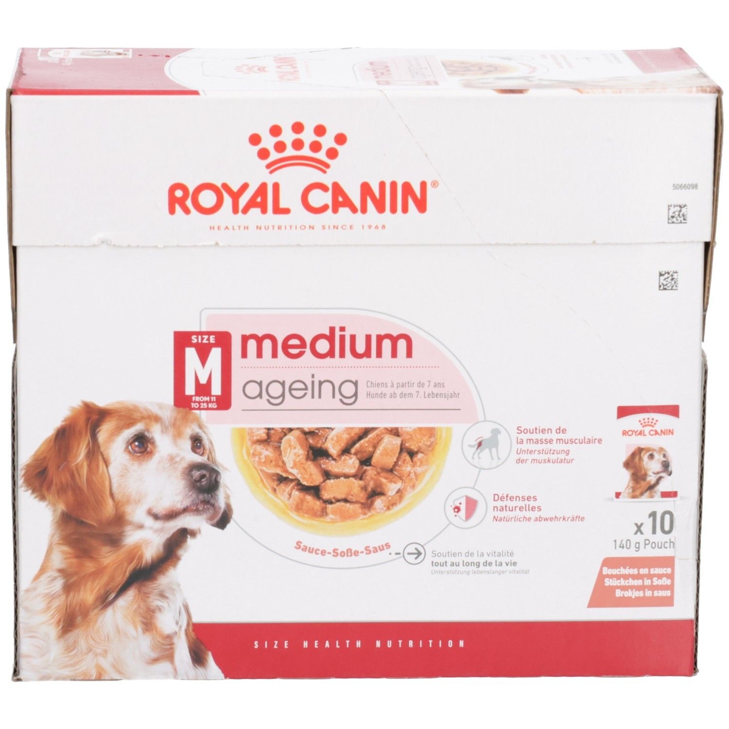Boîte Royal Canin Medium Ageing pour chien, 10 sachets de 140g. Vue avant avec image de chien et nom du produit.
