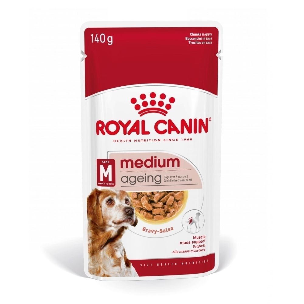 Vue latérale de la boîte Royal Canin Medium Ageing avec informations en français.