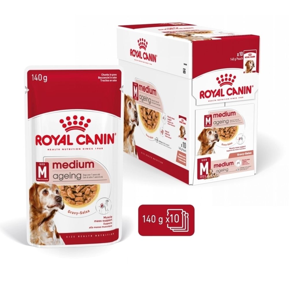 Arrière de la boîte Royal Canin Medium Ageing avec informations en français.