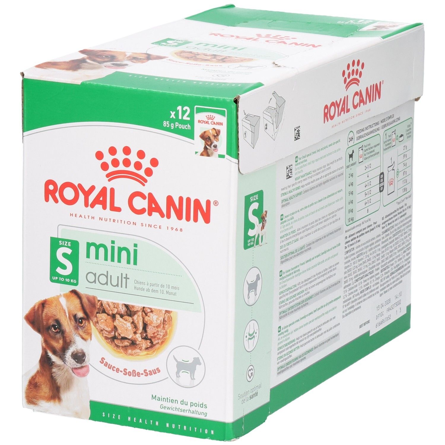 Boîte Royal Canin Mini Adult nourriture humide, 12 sachets de 85g, pour petits chiens.