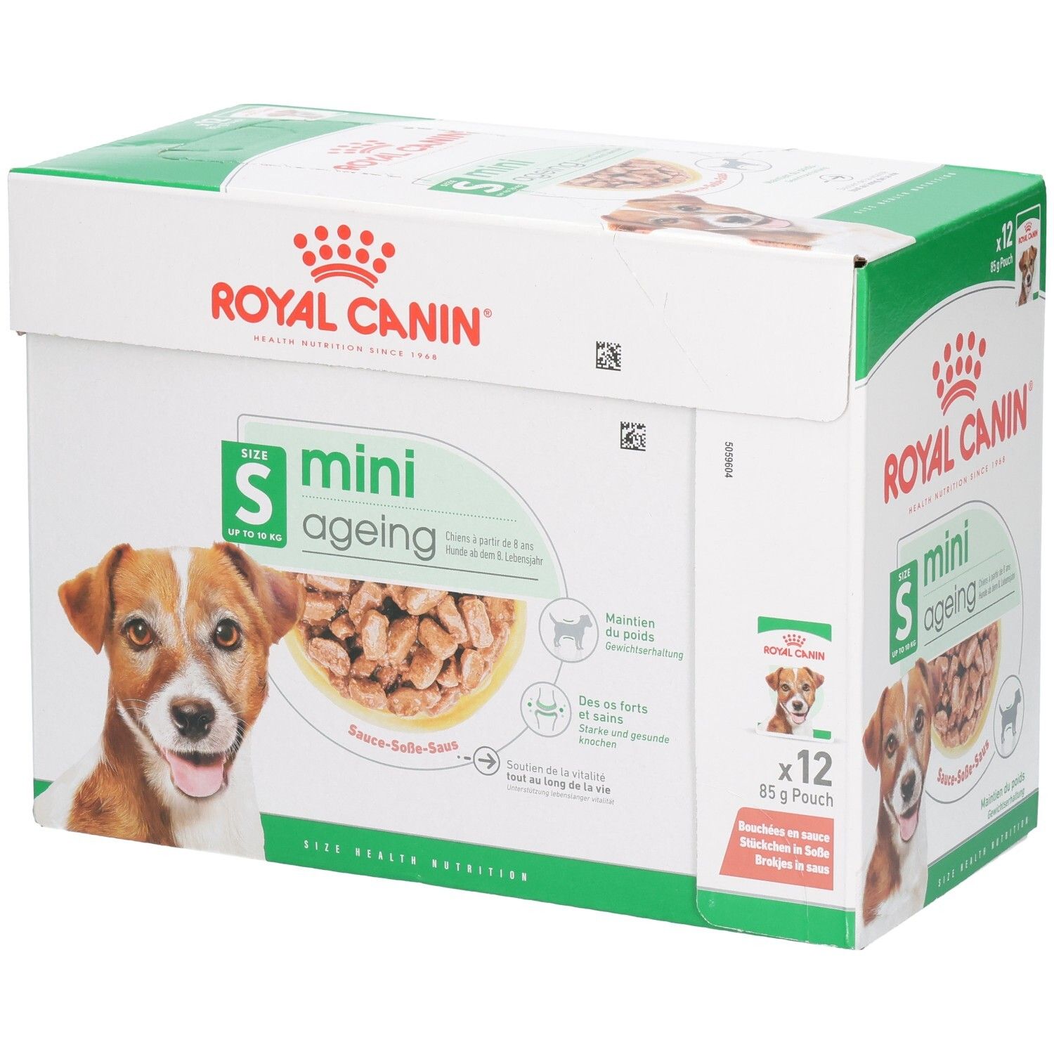 Boîte Royal Canin Mini Ageing 12x85g Pouch, vue de face avec chien.