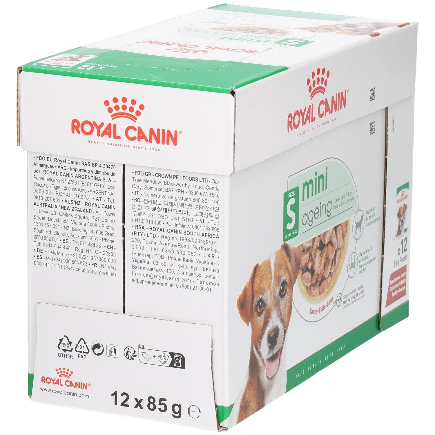 Boîte Royal Canin Mini Ageing 12x85g Pouch, vue latérale.