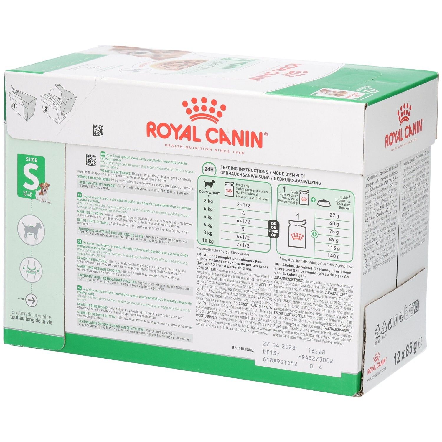Boîte Royal Canin Mini Ageing 12x85g Pouch, dos avec tableau d'alimentation.