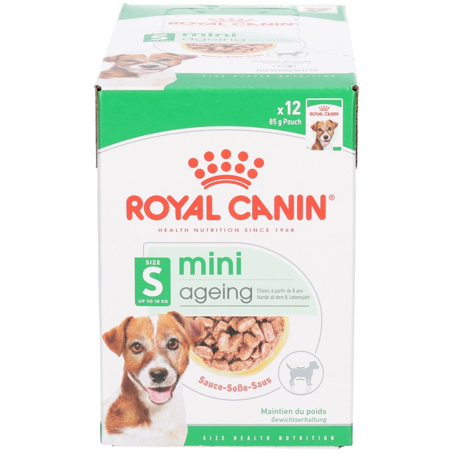 Boîte Royal Canin Mini Ageing 12x85g Pouch, vue avant en biais.