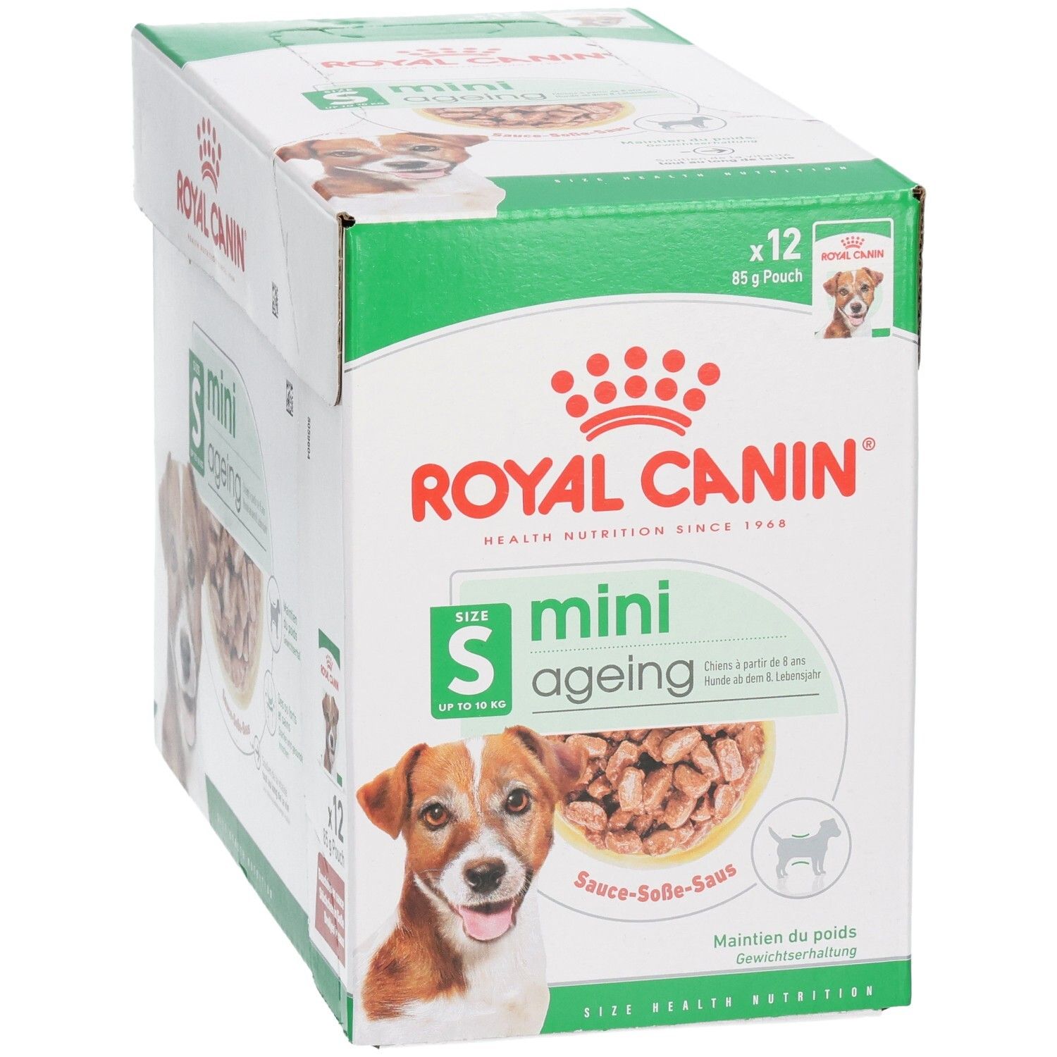 Boîte Royal Canin Mini Ageing 12x85g Pouch, vue rapprochée de l'avant.