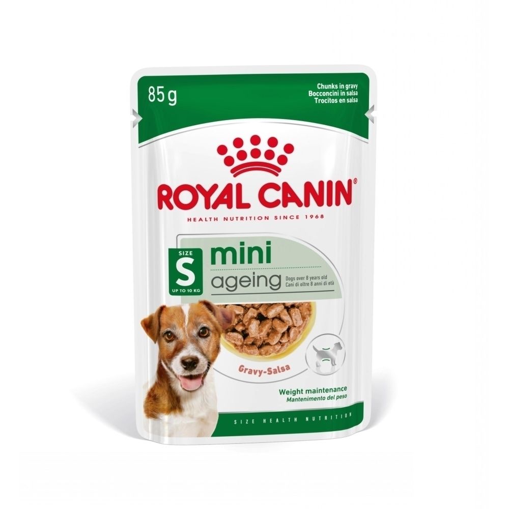 Sachet Royal Canin Mini Ageing 85g, face avant avec chien et nourriture.