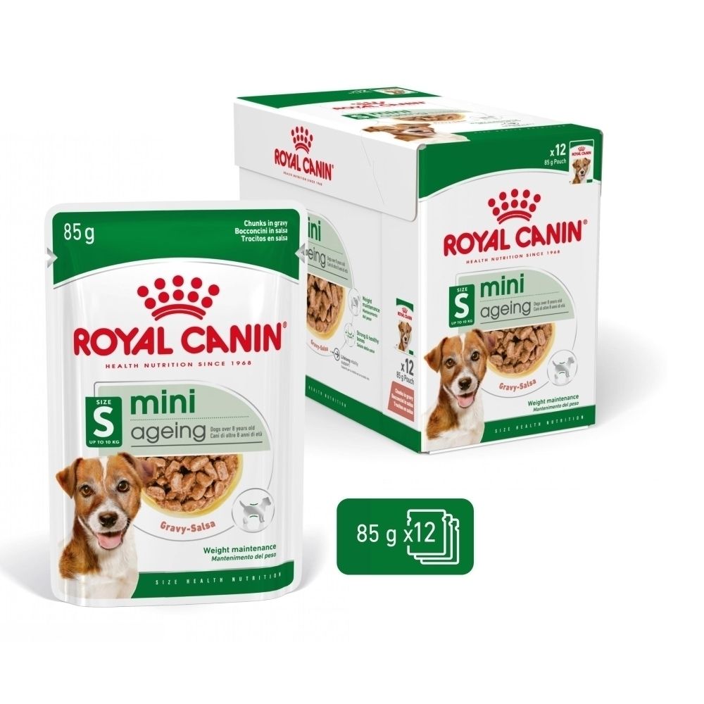 Sachet Royal Canin Mini Ageing 85g, face avant avec chien et nourriture.