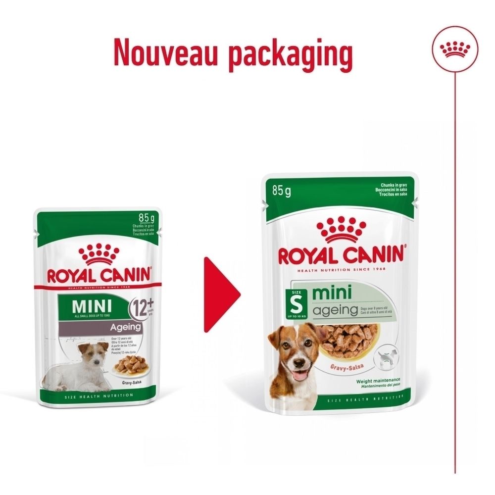 Sachet Royal Canin Mini Ageing 85g, face avant avec chien et nourriture.
