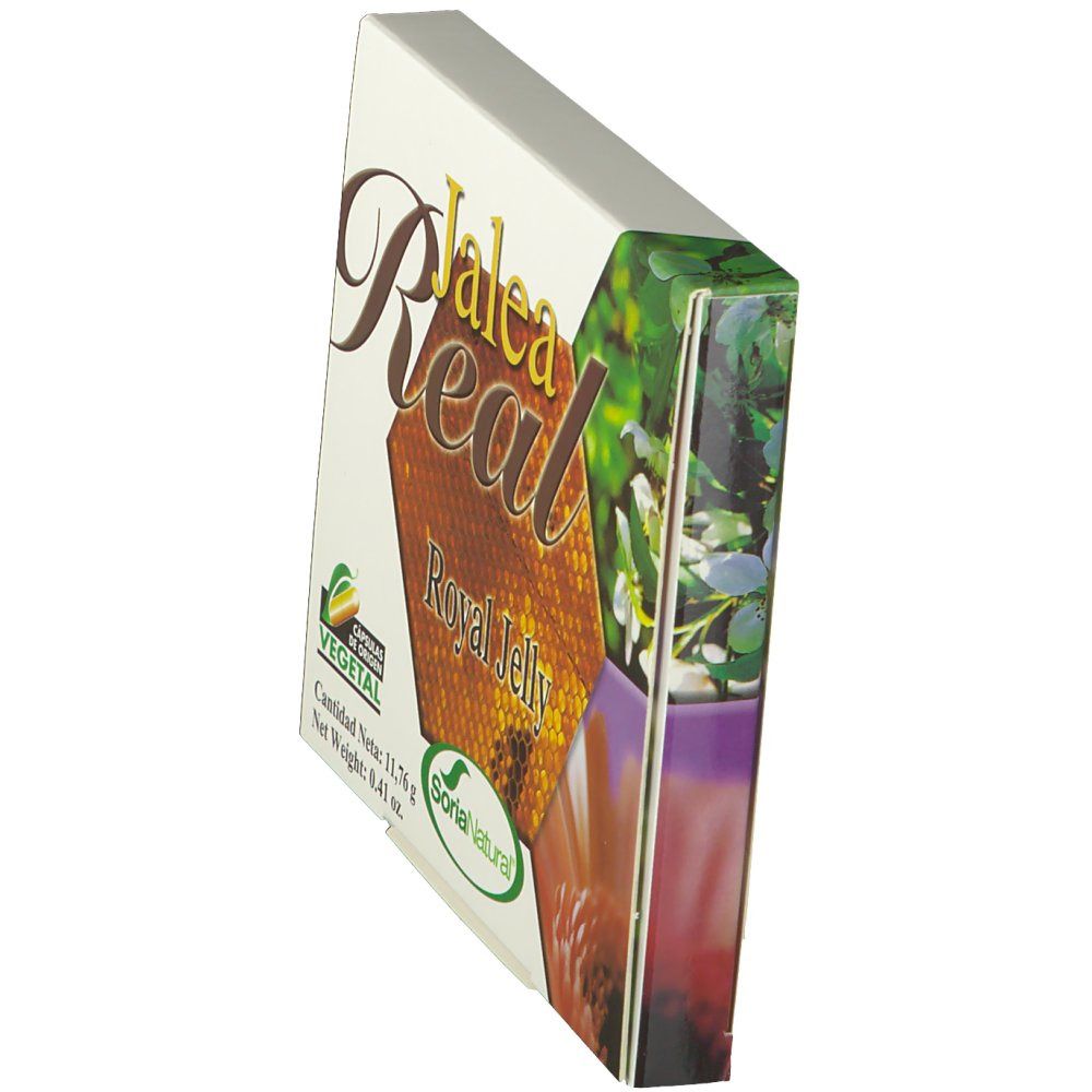 Boîte en carton en biais. Inscription "Jalea Real Royal Jelly". Logo "Soria Natural".