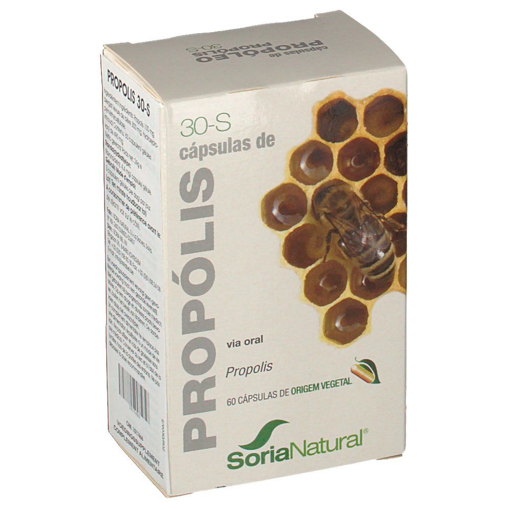 Boîte de 'Propolis 30-S'. Abeille sur nid d'abeilles. Marque Soria Natural. Capsules végétales.