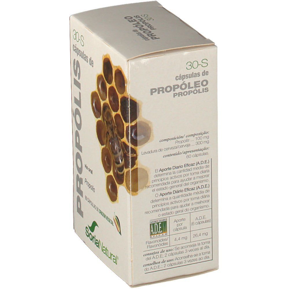 Boîte 'Propolis 30-S'. Ingrédients et dosage. Marque Soria Natural. 60 gélules.