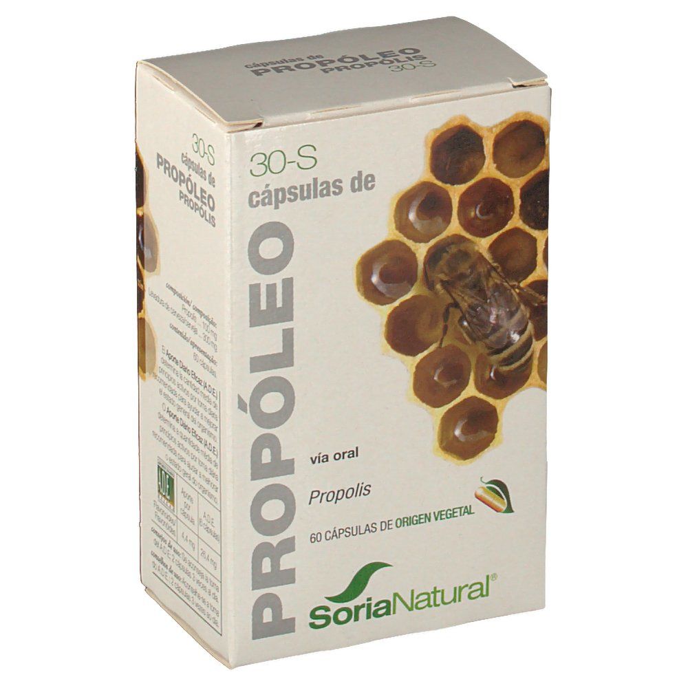 Boîte 'Propolis 30-S'. Abeille sur nid d'abeilles. Marque Soria Natural. 60 gélules.