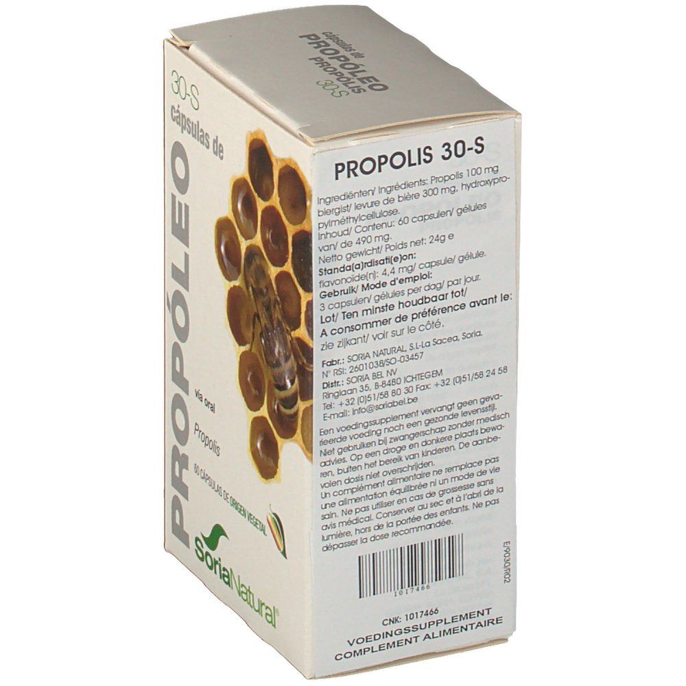 Boîte 'Propolis 30-S'. Ingrédients et mode d'emploi. Marque Soria Natural.