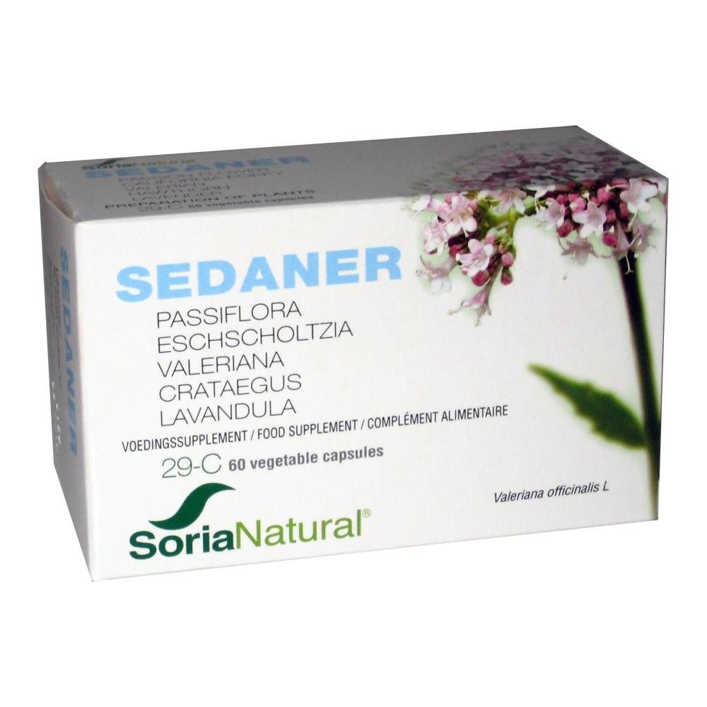 Boîte blanche avec texte SEDANER, motif floral et logo Soria Natural. Contient 60 gélules.