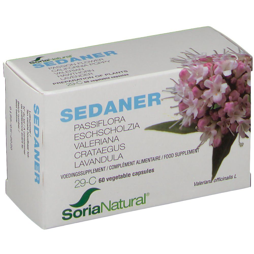 Boîte blanche inclinée avec texte SEDANER, motif floral et logo Soria Natural. 60 gélules.