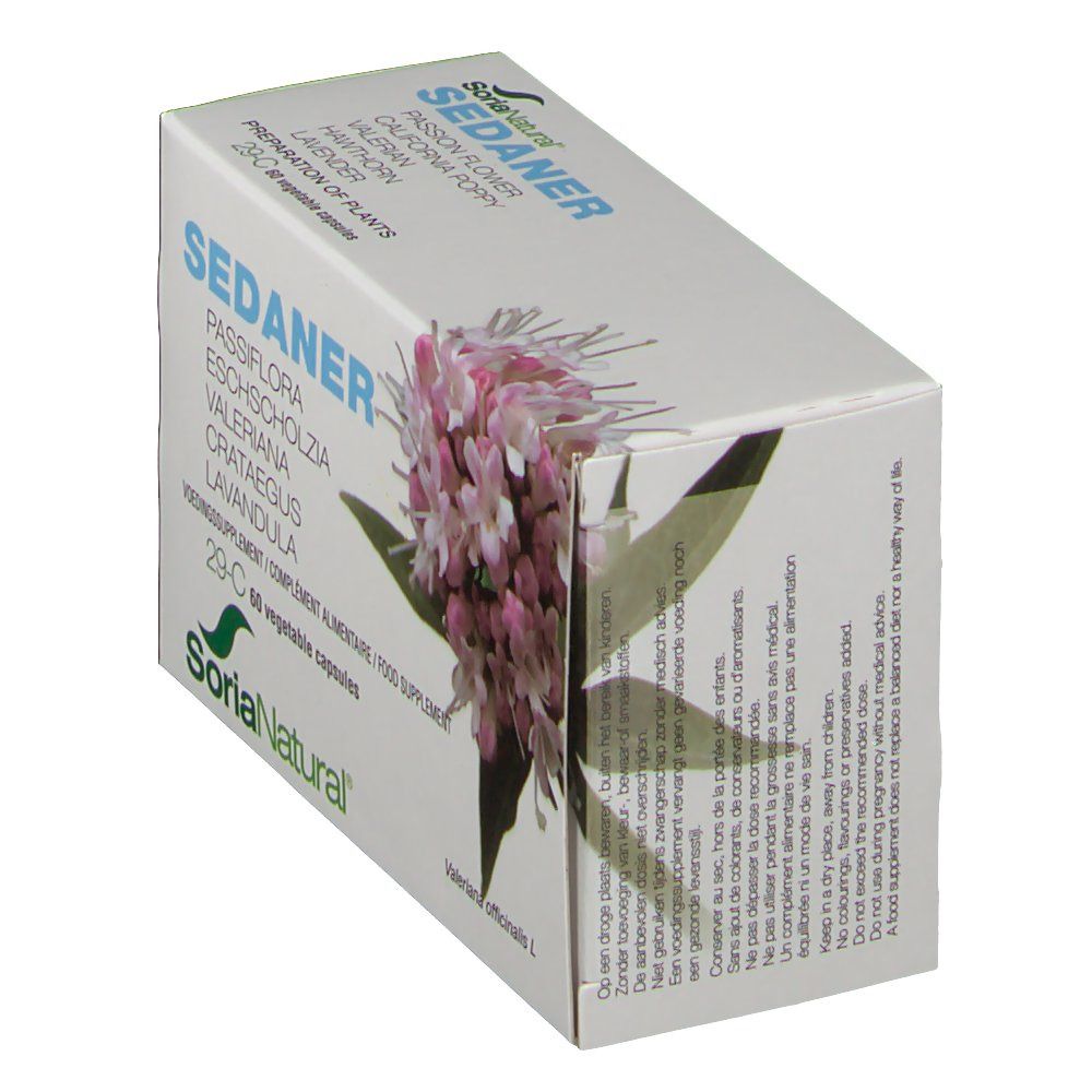 Boîte avec texte SEDANER, motif floral et logo Soria Natural. Contient 60 gélules. Texte au dos.