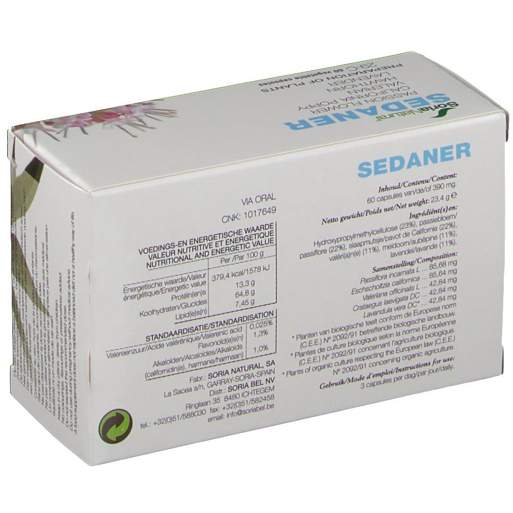 Dos de la boîte avec texte SEDANER, informations nutritionnelles et logo Soria Natural. 60 gélules.