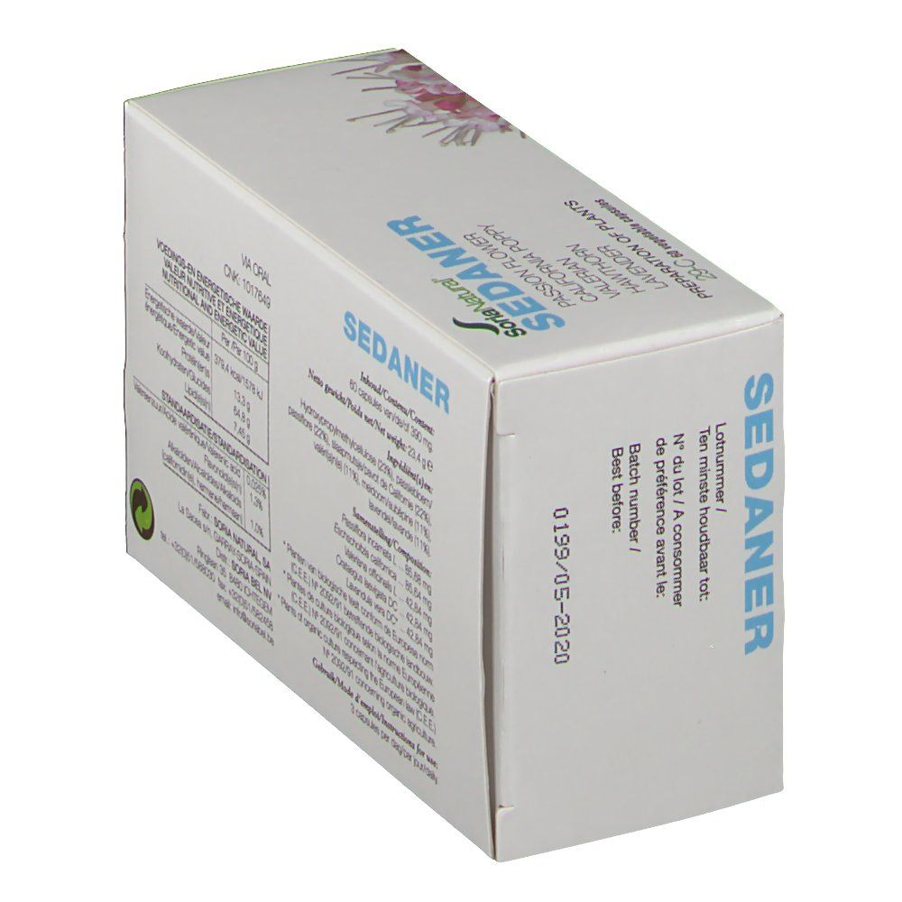 Boîte avec texte SEDANER et logo Soria Natural. Contient 60 gélules. Date de péremption.