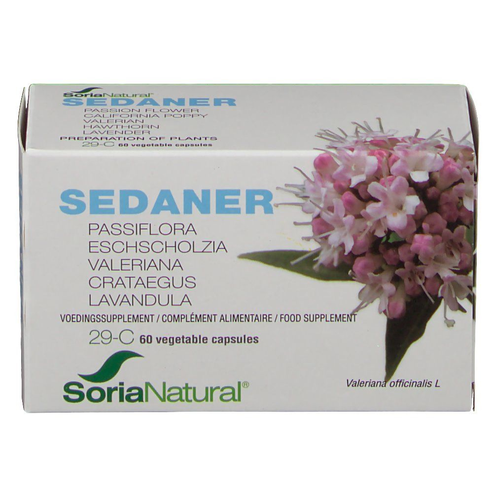 Boîte blanche avec texte SEDANER, motif floral et logo Soria Natural. Contient 60 gélules.