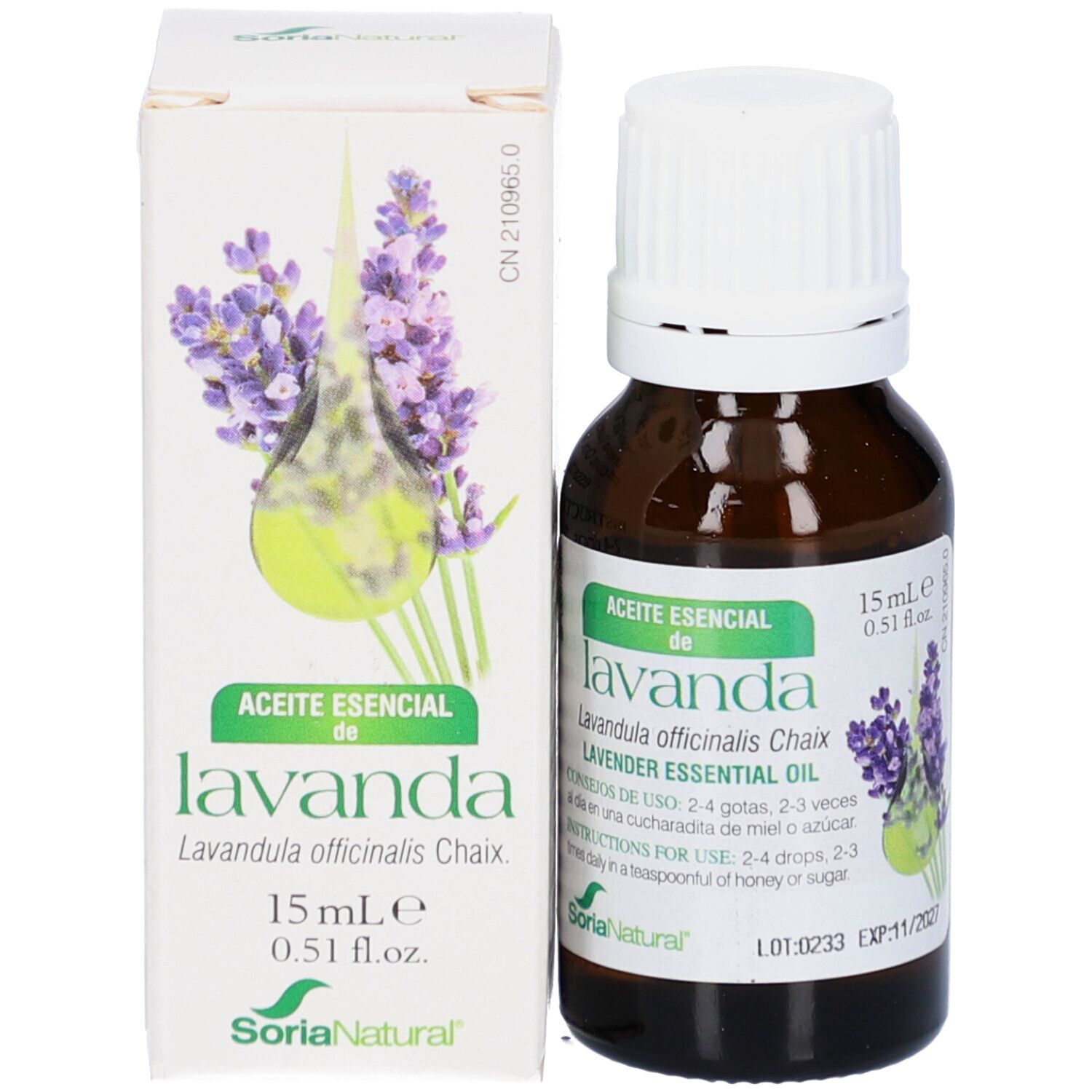 Emballage et flacon. Emballage avec illustration de lavande et informations. Flacon à côté.