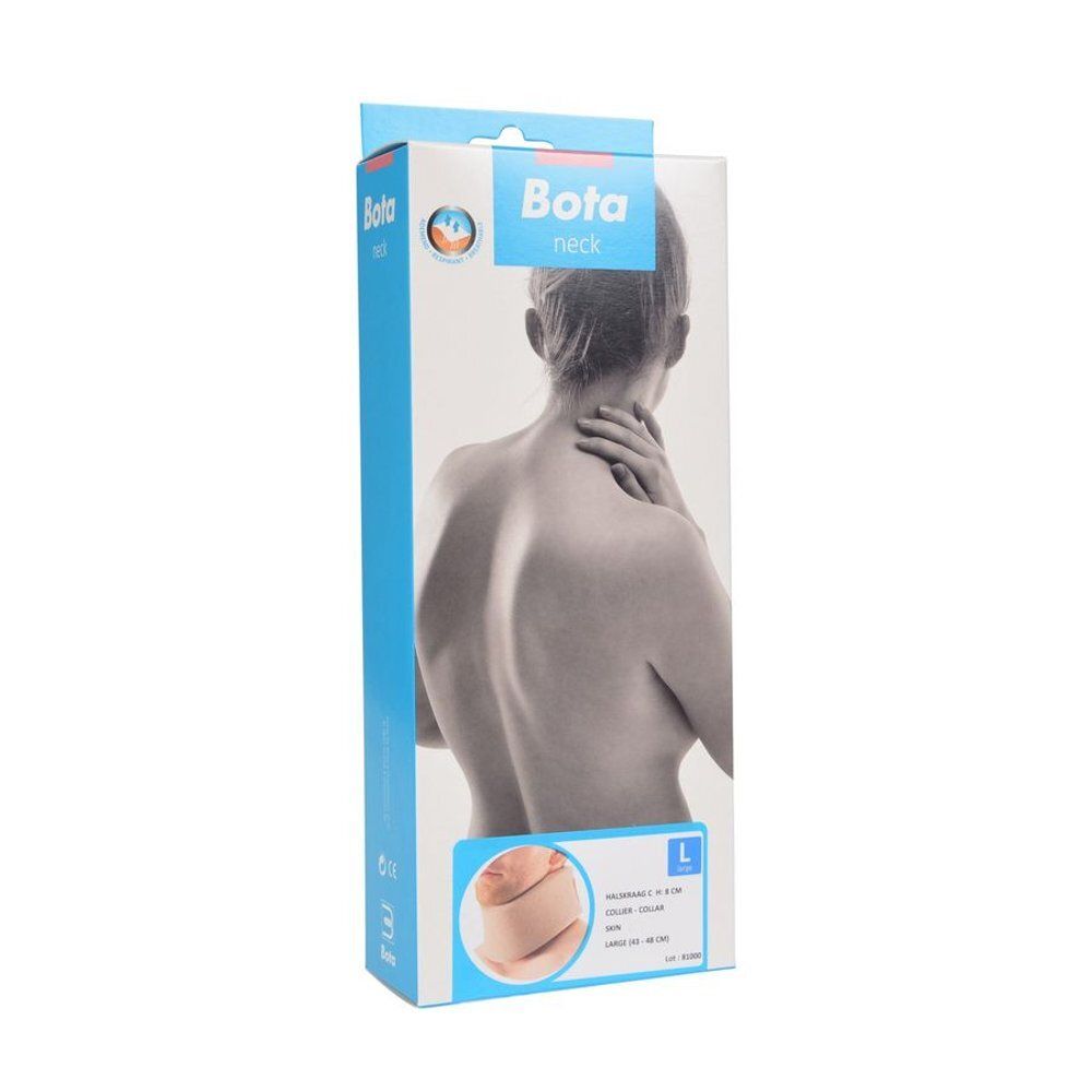 Emballage de la minerve Bota Mod C Skin L. Inscription : Bota neck. Illustration d'une personne portant la minerve.