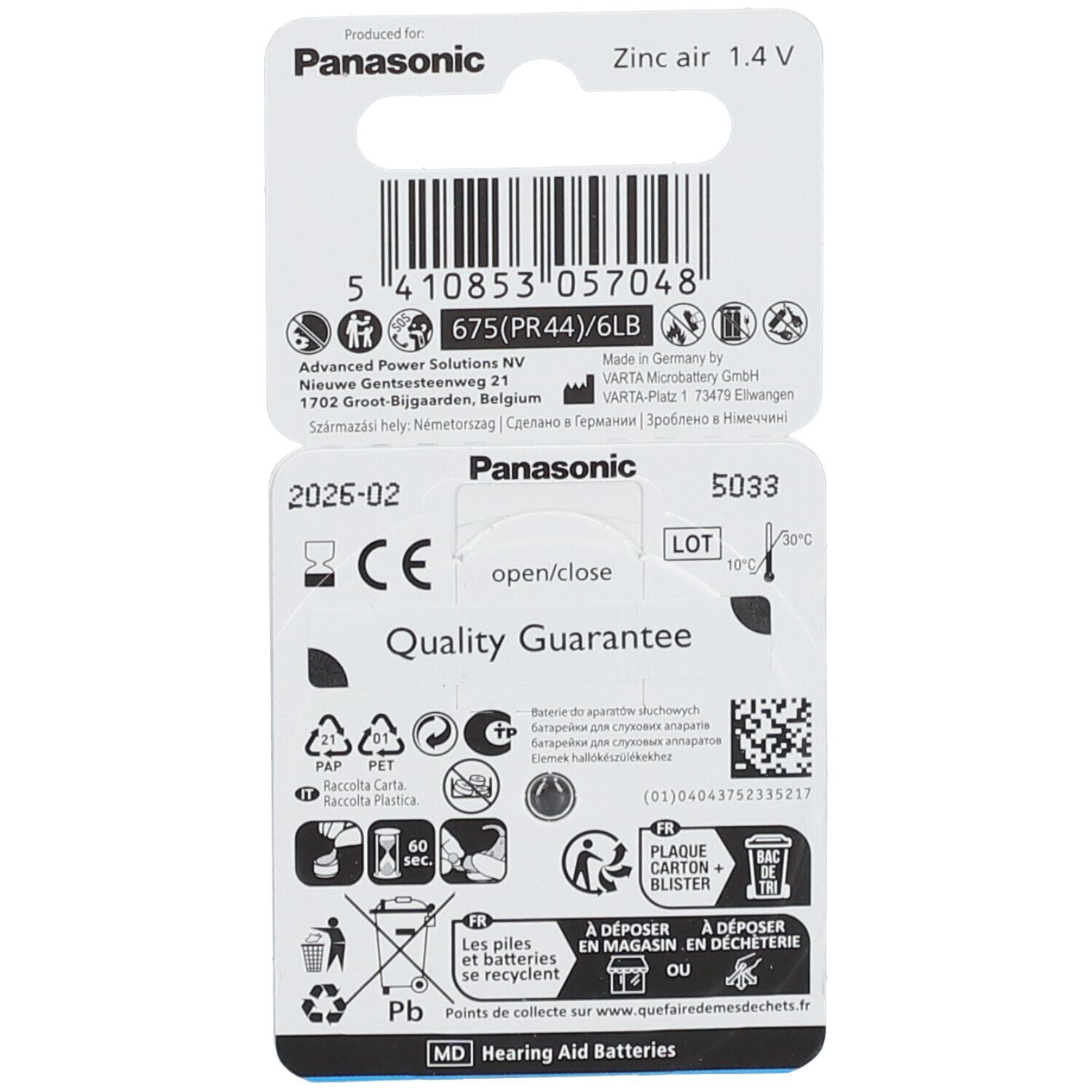 Panasonic® Zinc Air Piles PR 675H 1,4V Bleu