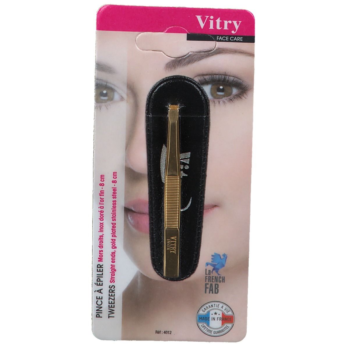 Pince à épiler dorée, bouts droits, 8 cm, étui noir. Marque Vitry, Face Care. Présentée sur blister.