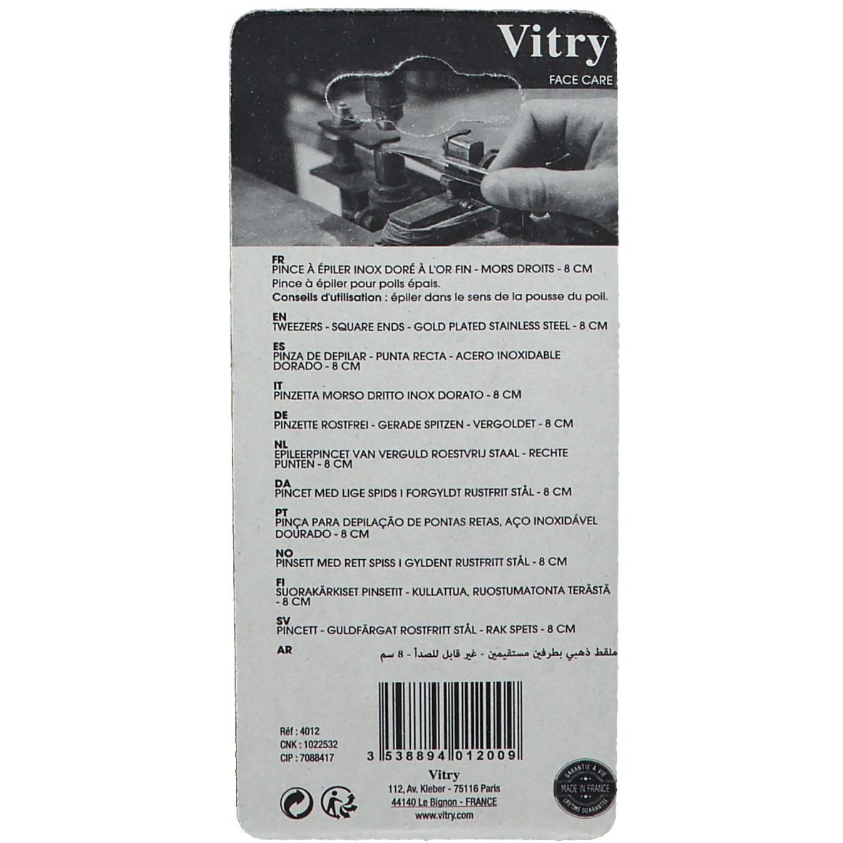 Dos de la carte blister. Texte multilingue. Marque Vitry, Face Care. Code-barres et garantie.