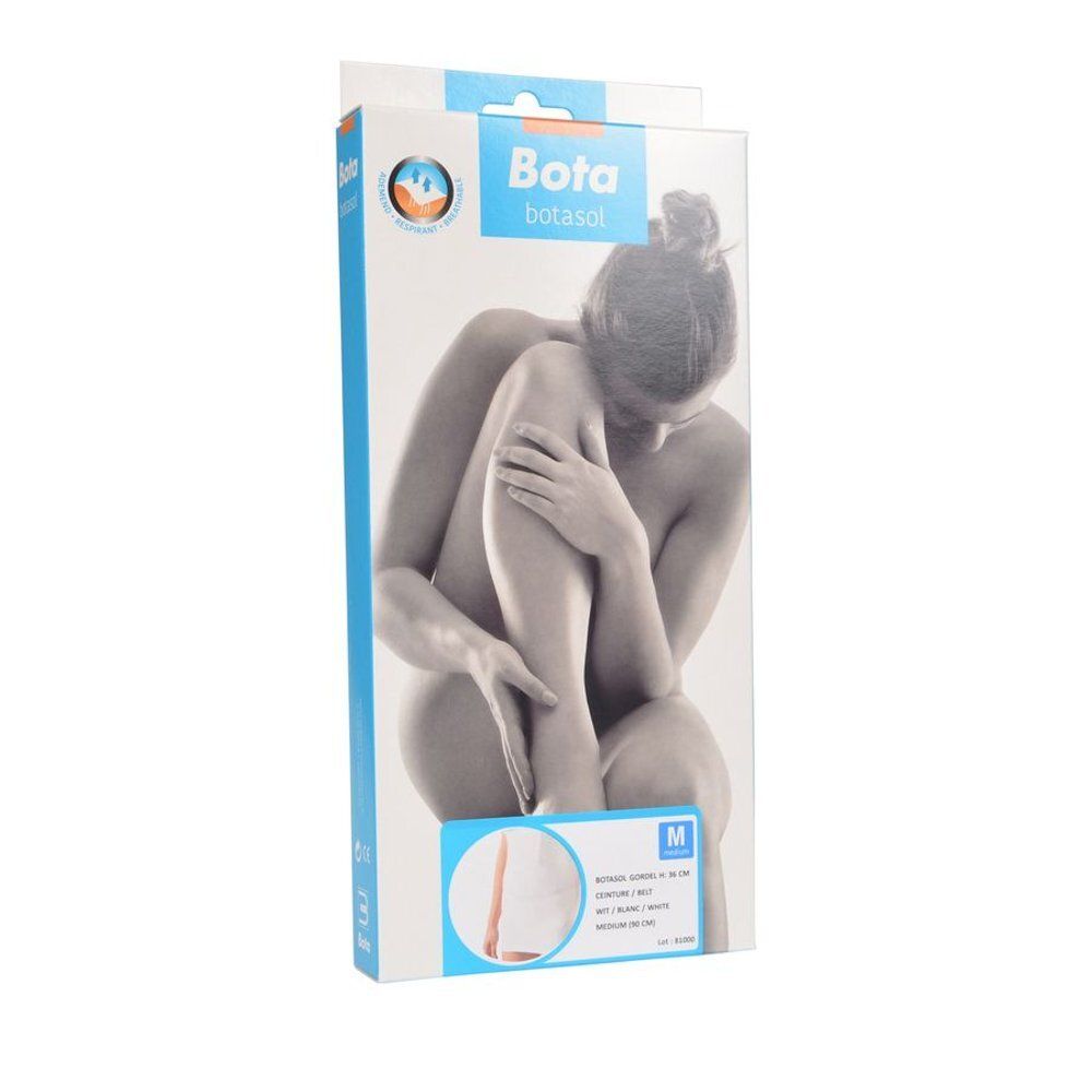 Emballage. Marque Botasol. Femme assise. Inscription: M, ceinture, blanche. Image du produit.