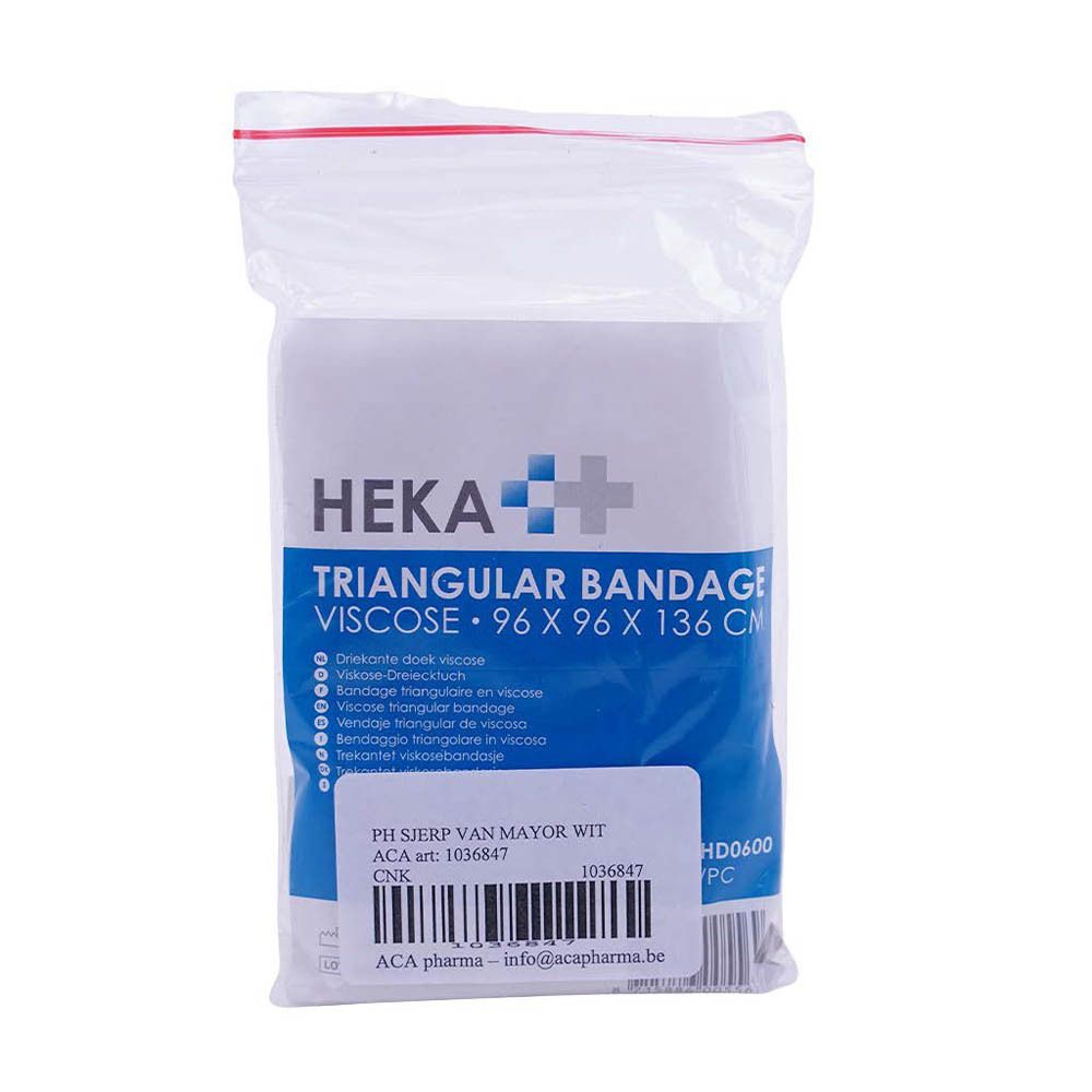 Bandage triangulaire blanc en viscose, emballé. Marque Heka. Dimensions 96 x 96 x 136 cm.