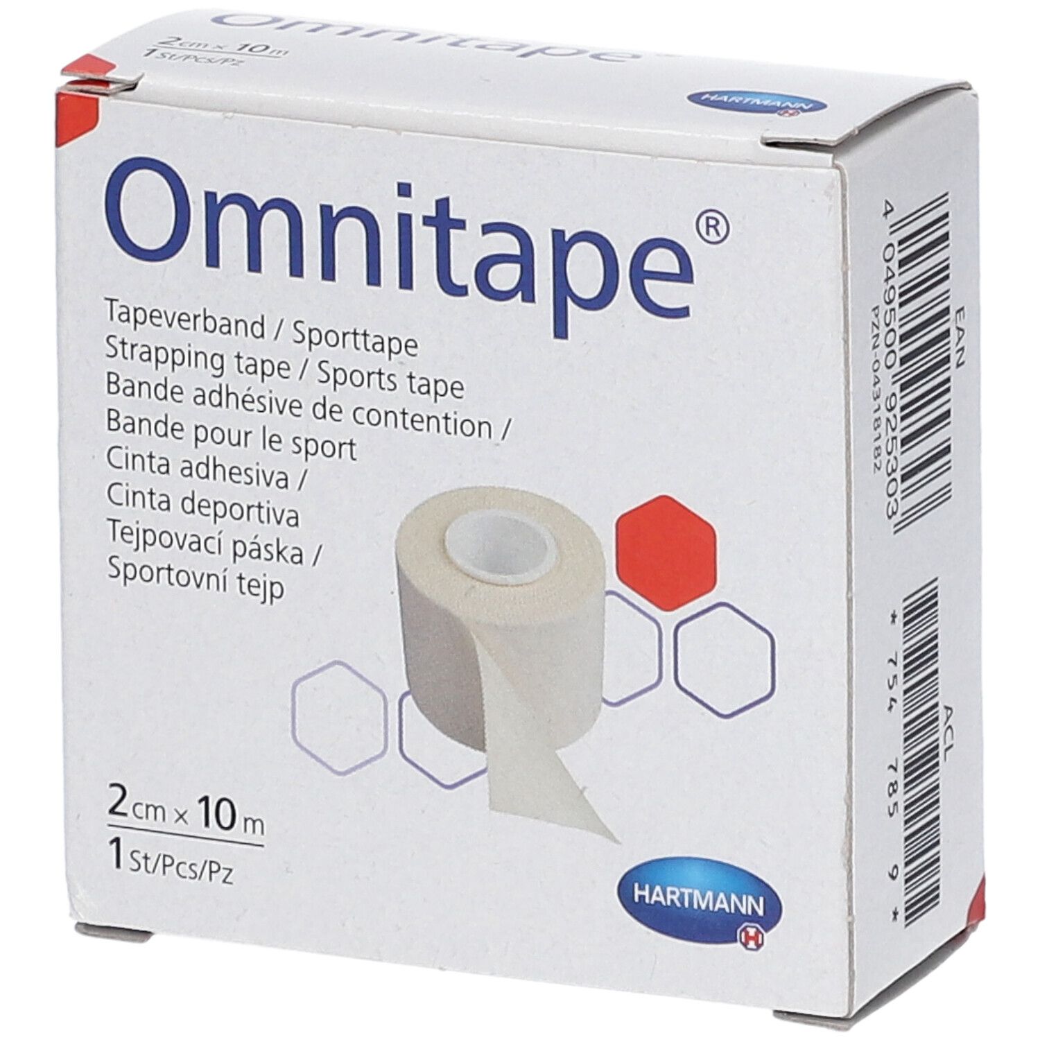 Boîte d'Omnitape®. Ruban adhésif sportif, 2cm x 10m. Ruban blanc dans une boîte. Logo Hartmann.