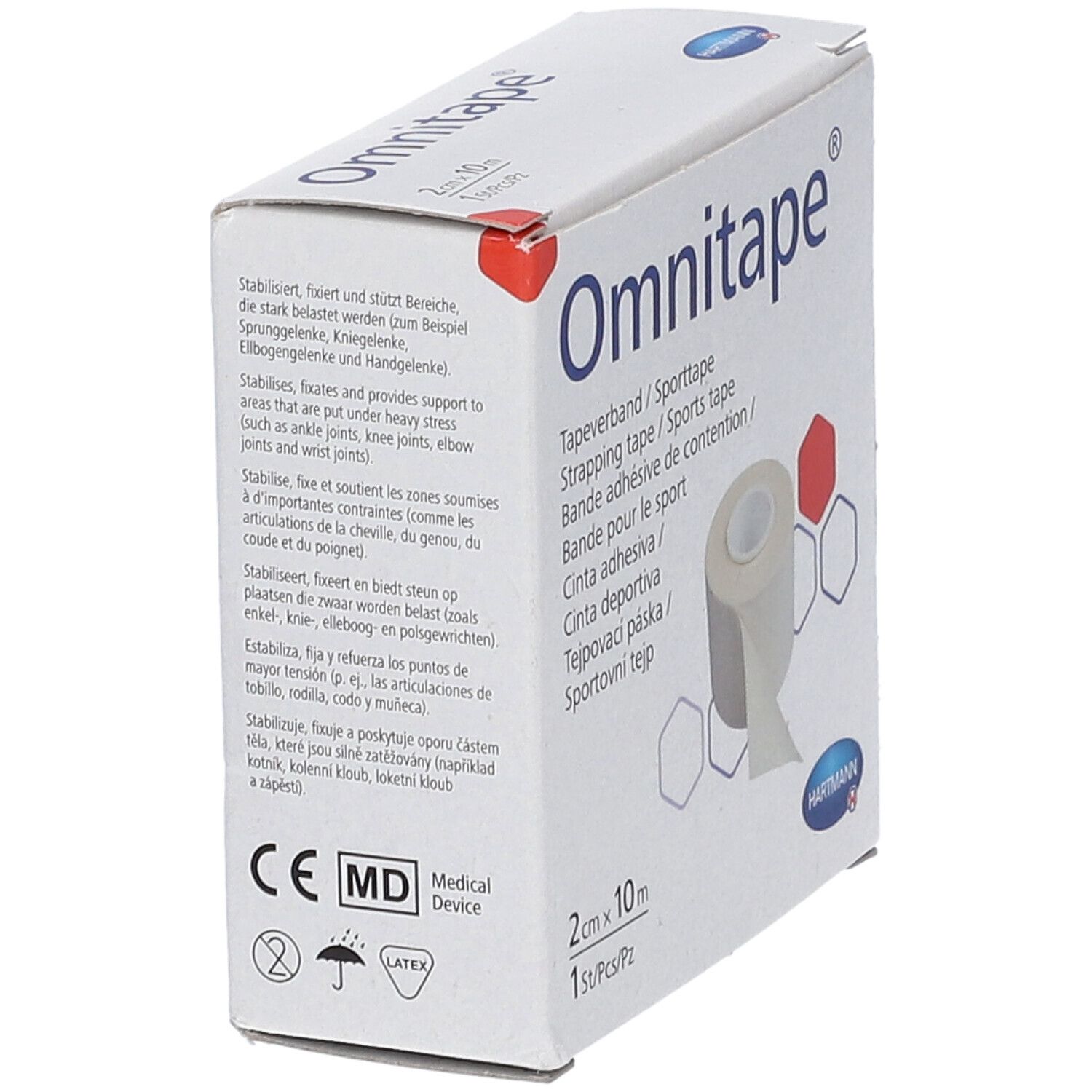 Boîte d'Omnitape®. Rouleau de ruban adhésif sportif, 2cm x 10m. Dispositif médical. Symbole latex. Logo Hartmann.