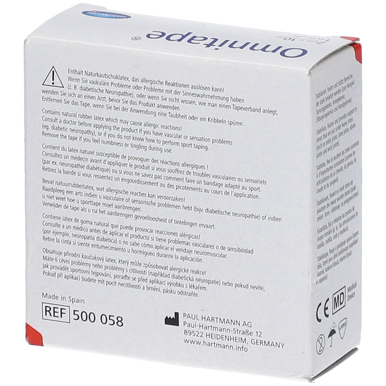 Boîte d'Omnitape®. Avertissements. Contient du latex naturel. Fabricant: Paul Hartmann AG, Allemagne. Marquage CE.