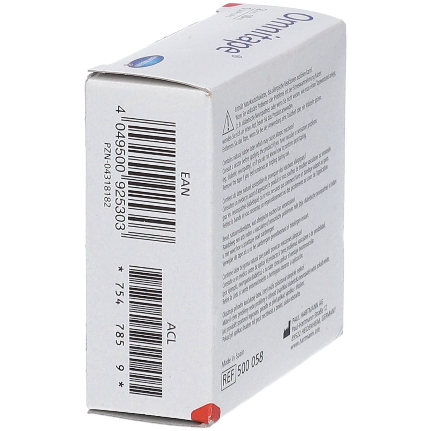 Boîte d'Omnitape®. Code-barres, code EAN. Adresse du fabricant: Paul Hartmann AG. Numéro REF, marquage CE.