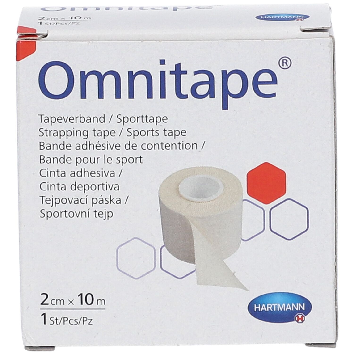 Boîte d'Omnitape®. Ruban adhésif sportif, 2cm x 10m. Ruban blanc dans une boîte. Logo Hartmann.