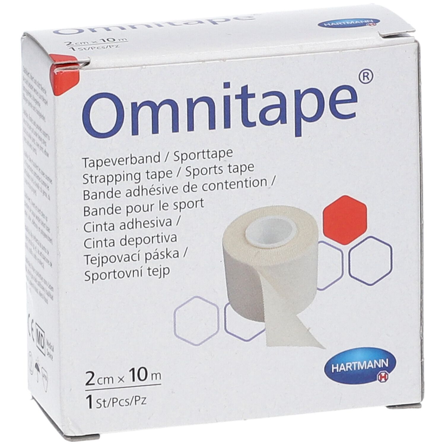 Boîte d'Omnitape®. Ruban adhésif sportif, 2cm x 10m. Ruban blanc dans une boîte. Logo Hartmann.