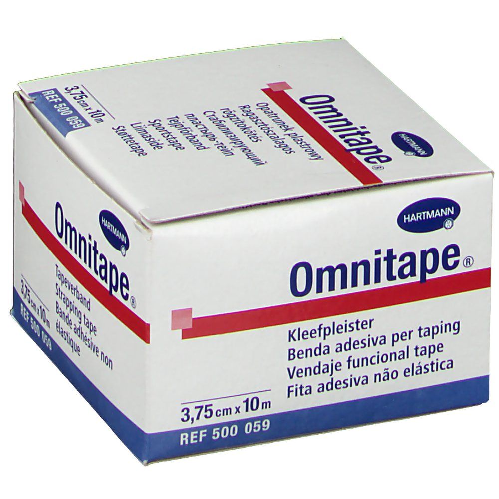 Boîte Omnitape®. Boîte blanche avec bande rouge. Contient du ruban adhésif. Dimensions : 3,75 cm x 10 m. Logo Hartmann.