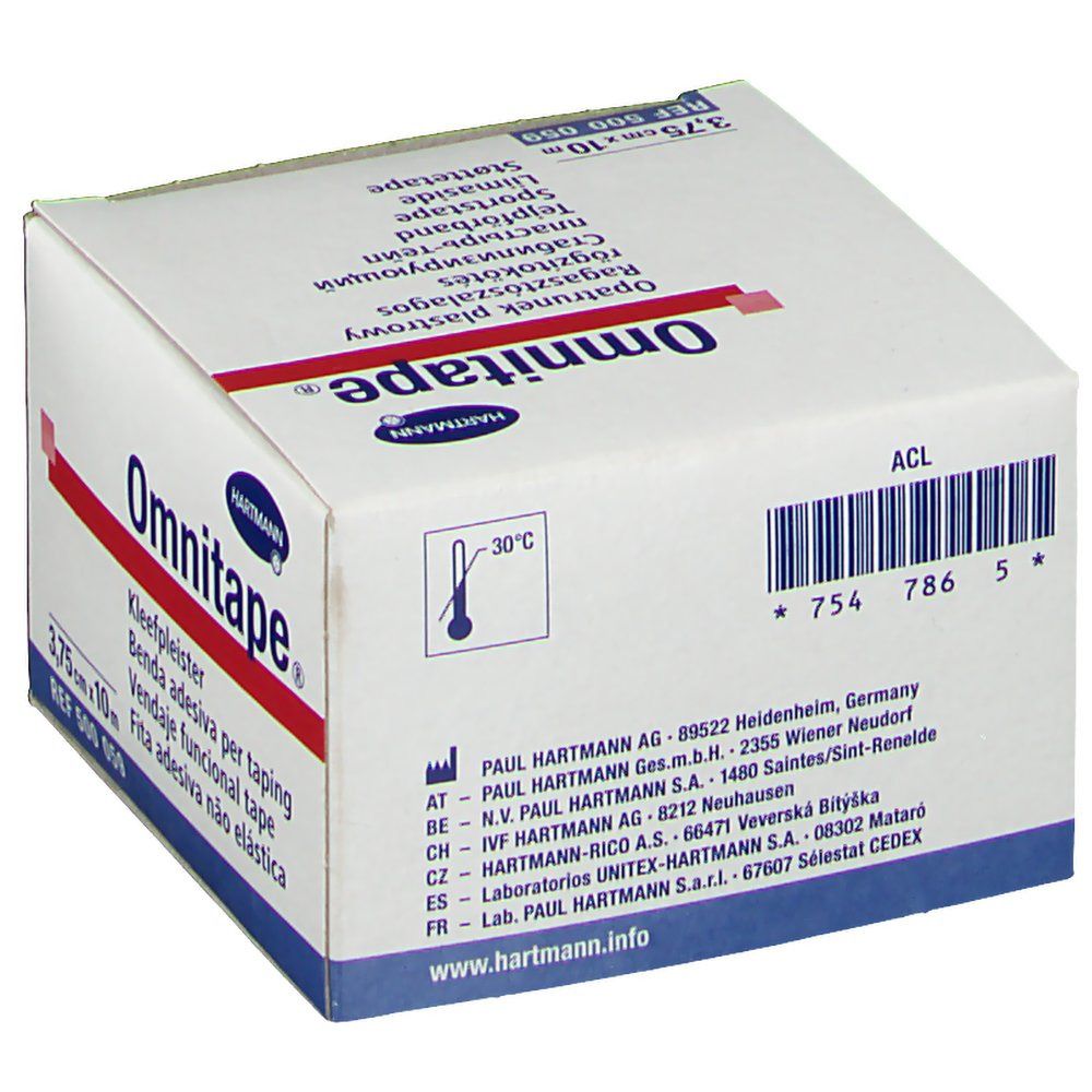 Boîte Omnitape®. Boîte blanche avec bande rouge. Contient du ruban adhésif. Dimensions : 3,75 cm x 10 m. Logo Hartmann. Code-barres.