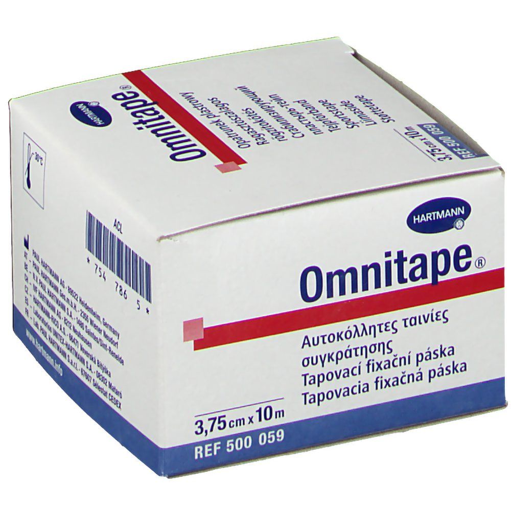 Boîte Omnitape®. Boîte blanche avec bande rouge. Contient du ruban adhésif. Dimensions : 3,75 cm x 10 m. Logo Hartmann. Code-barres.