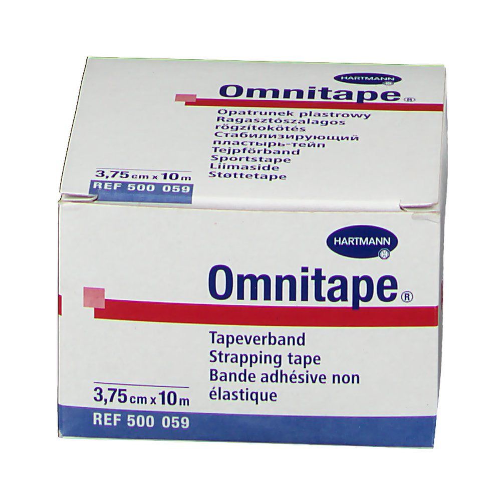 Boîte Omnitape®. Boîte blanche avec bande rouge. Contient du ruban adhésif. Dimensions : 3,75 cm x 10 m. Logo Hartmann.