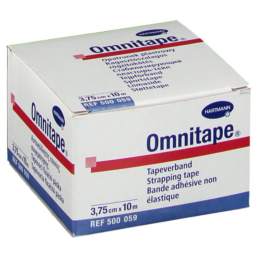 Boîte Omnitape®. Boîte blanche avec bande rouge. Contient du ruban adhésif. Dimensions : 3,75 cm x 10 m. Logo Hartmann.