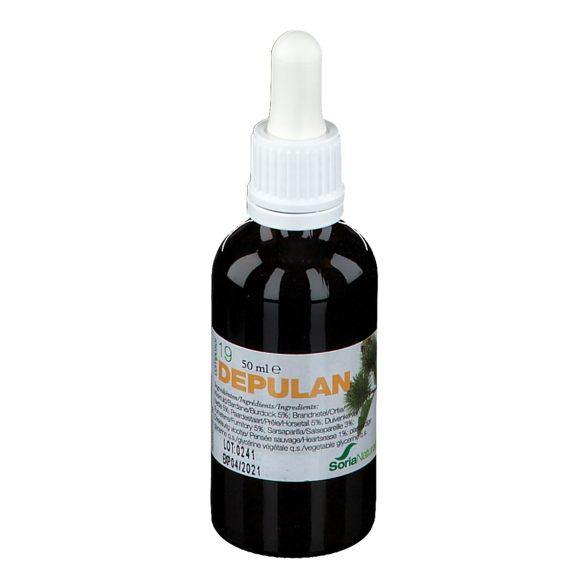 Flacon en verre brun avec bouchon à vis et pipette blancs. Étiquette avec nom du produit et ingrédients. Logo Soria Natural.