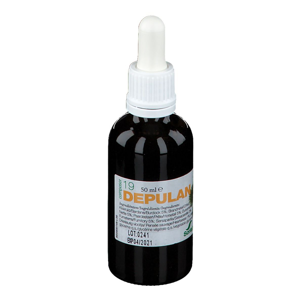 Flacon en verre brun avec bouchon à vis et pipette blancs. Étiquette avec nom du produit et ingrédients. Logo Soria Natural.